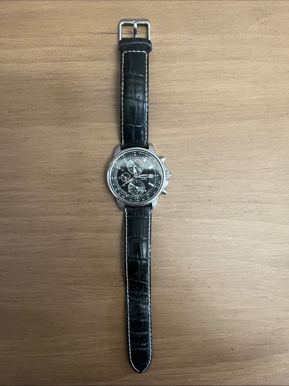Seiko Black Dial Chronograph with Black Leather Strap